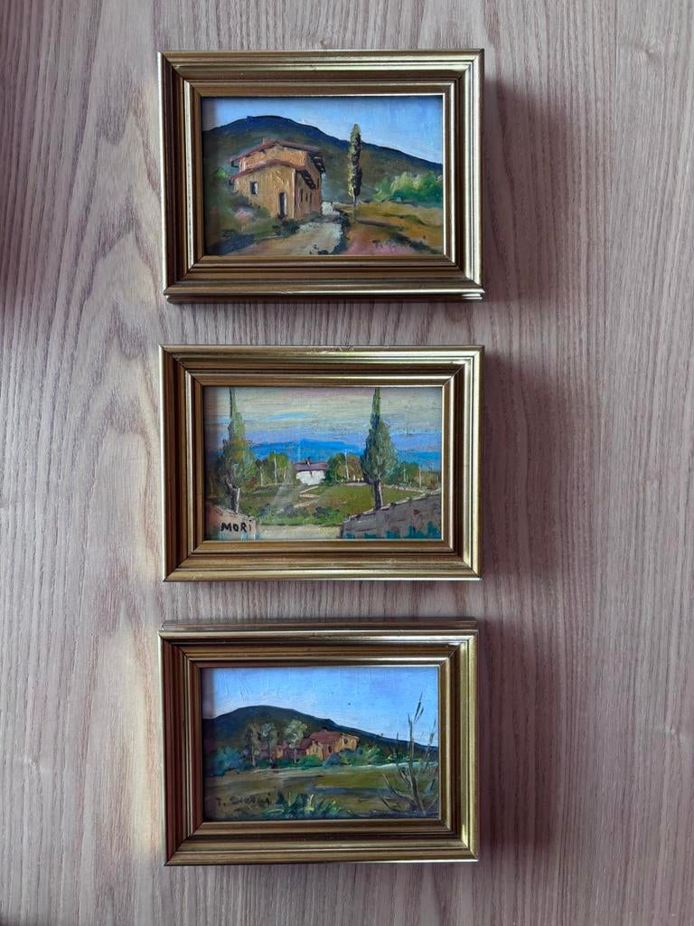 Mooie set van 3 kleine schilderijtjes onder glas, Ophalen of Verzenden