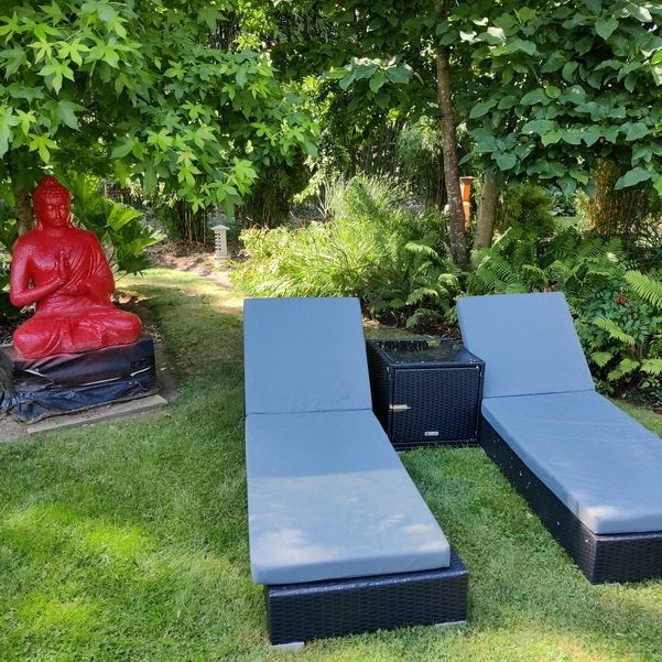twee Ligbedden met tafeltje en ligkussen, Enlèvement, Utilisé, Synthétique, Réglable