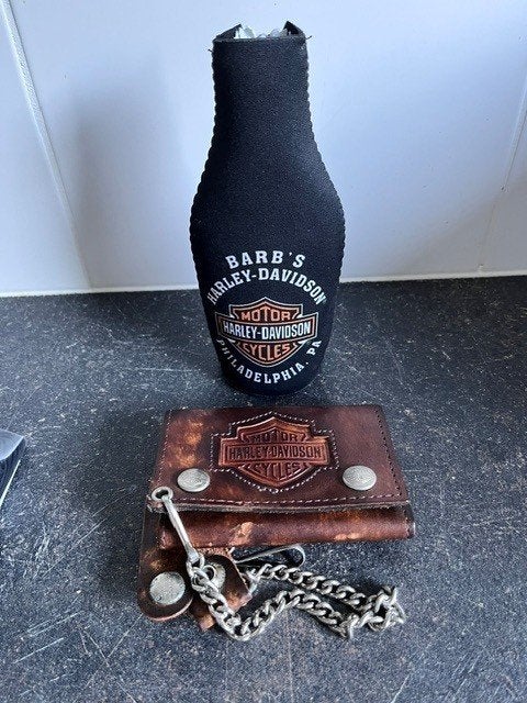Lederen Harley Davidson portemonnee met ketting, Handtassen en Accessoires, Portemonnees, Gebruikt, Bruin, Leder, Ophalen