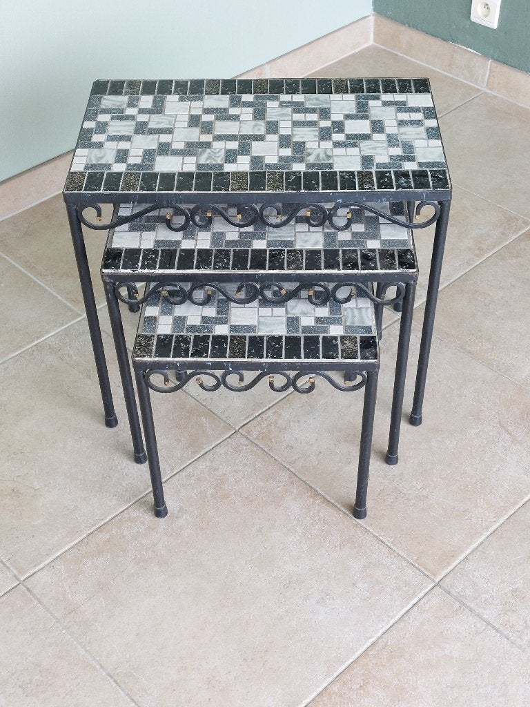 Prachtige 3-delige set mozaïek nesttafels / bijzettafels, Minder dan 55 cm, Gebruikt, Rechthoekig, Ophalen