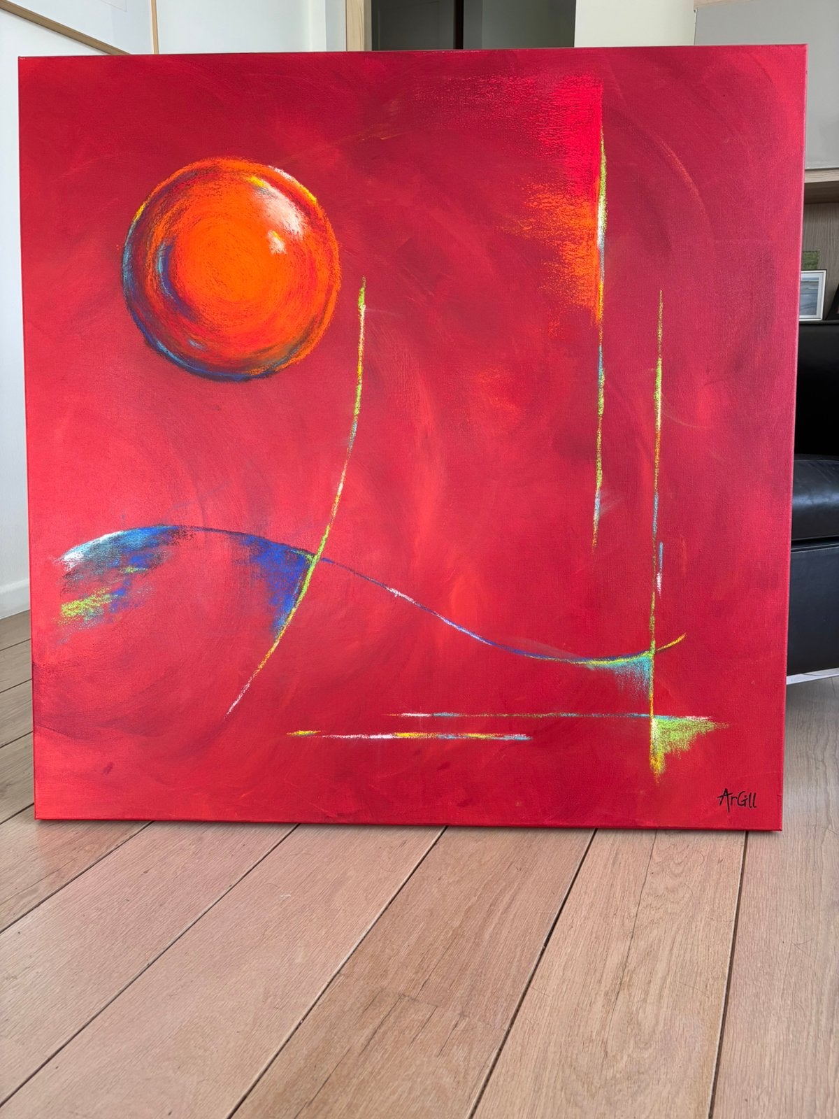 Tableau abstrait pastel rouge 100 x 100 cm, Antiek en Kunst, Kunst | Schilderijen | Abstract, Ophalen