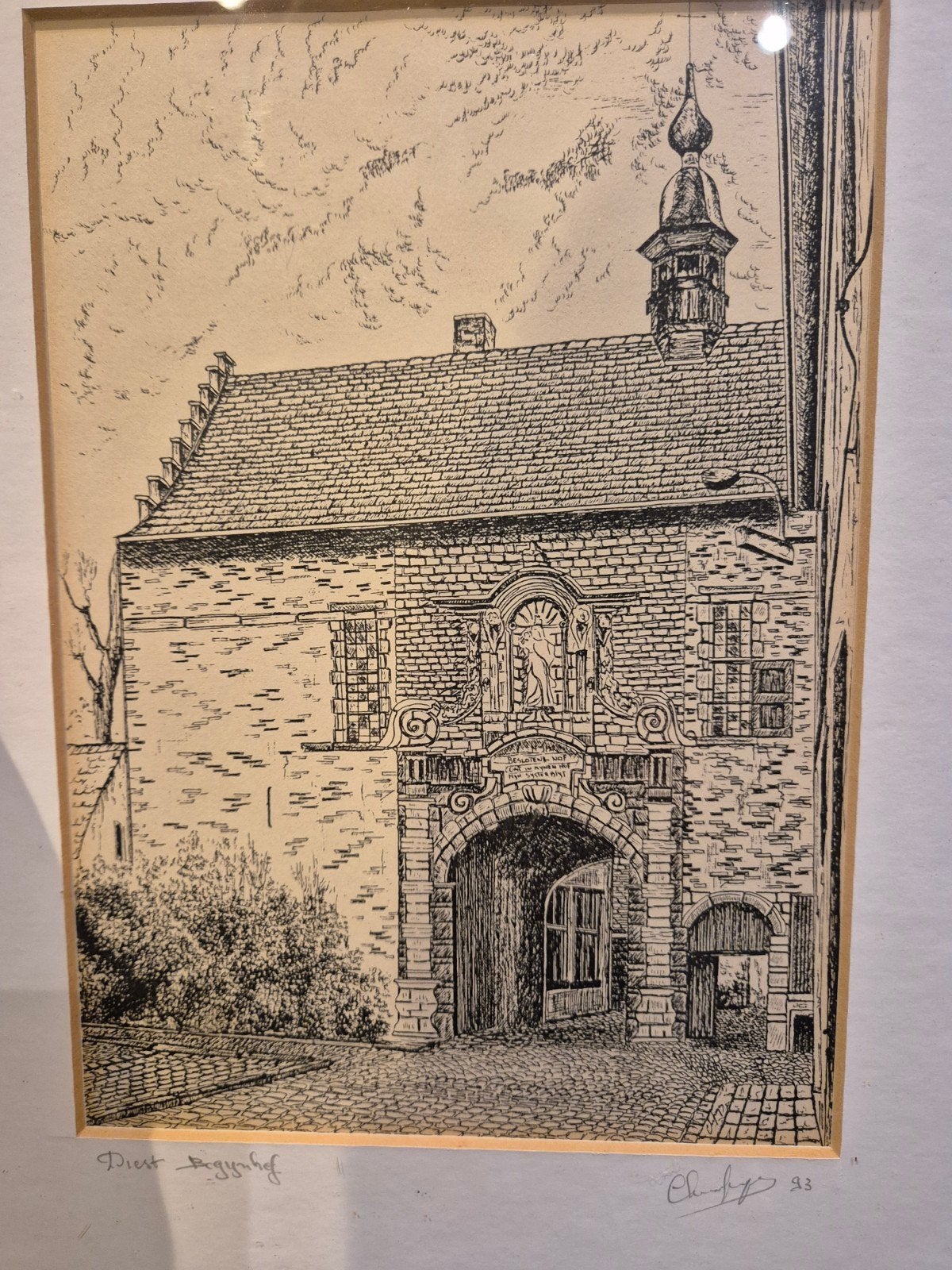 Fijne pentekening Begijnhof Diest, Antiek en Kunst, Ophalen
