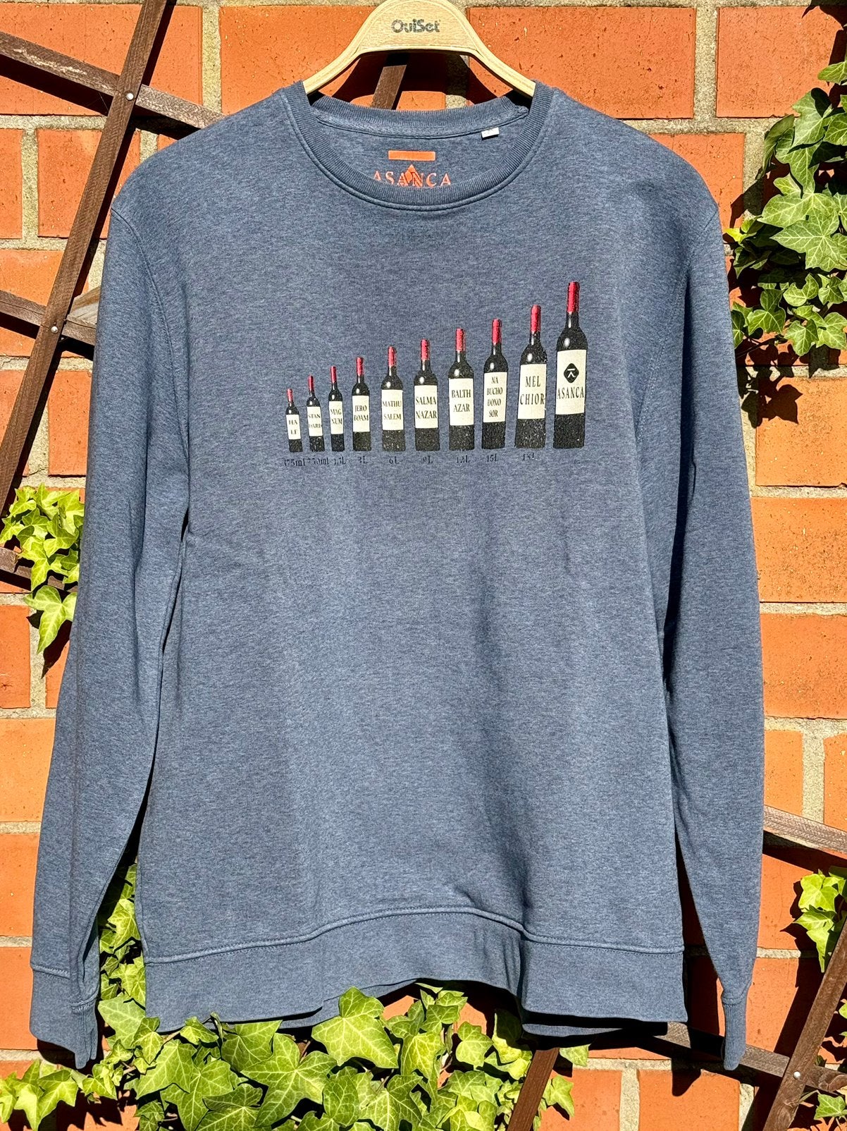 ASANCA XL — Vintage sweater met wijnflessenprint, Ophalen of Verzenden, Zo goed als nieuw, Maat 56/58 (XL), Blauw