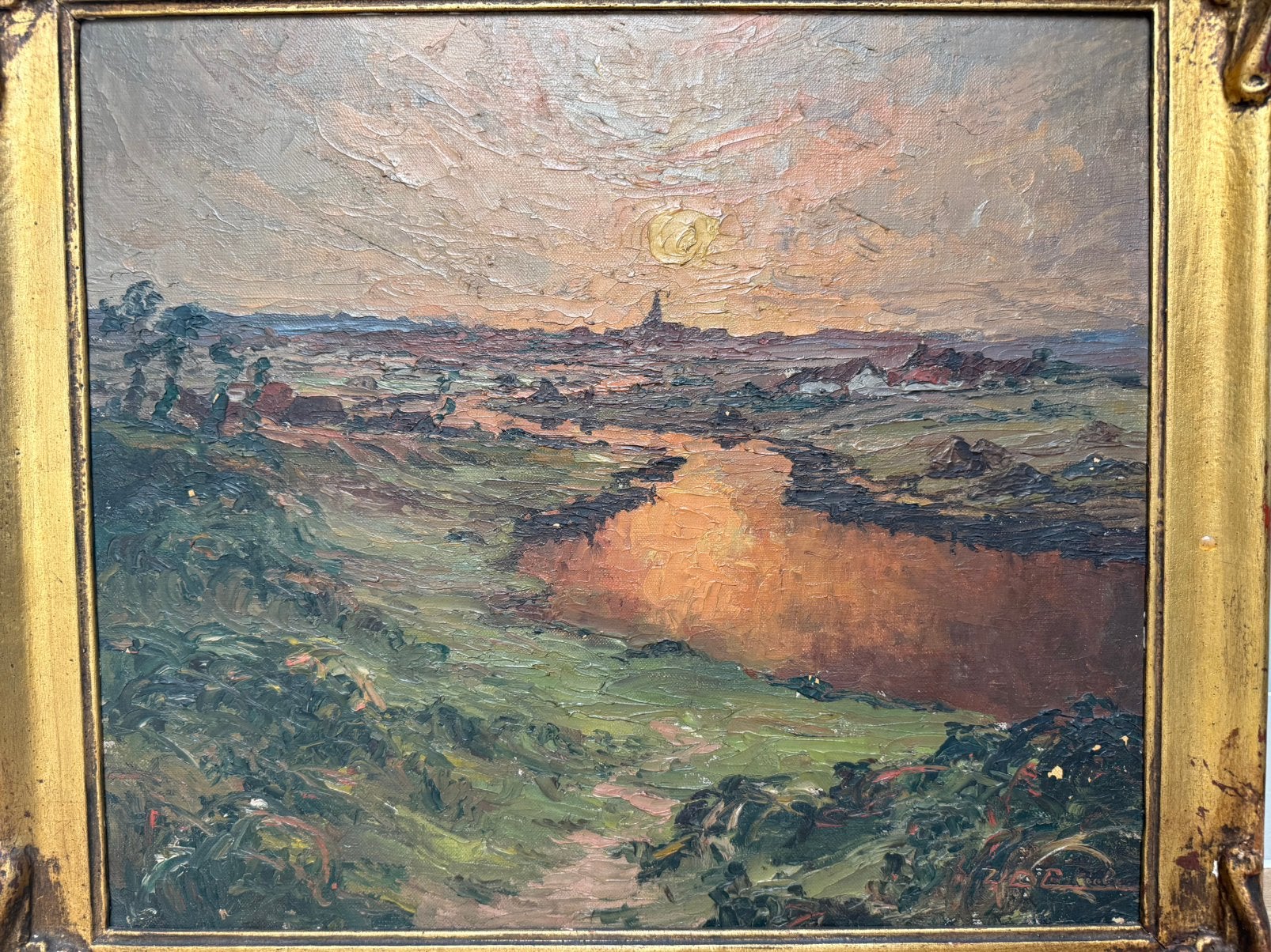 Landschap bij zonsondergang Gust Vandecasteele, Ophalen, Gesigneerd, Landschap