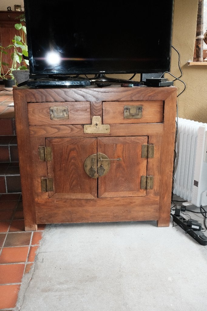 Meuble TV/buffet style chinois – bois massif & laiton, Avec tiroir(s), 25 à 50 cm, Asiatique, Moins de 100 cm