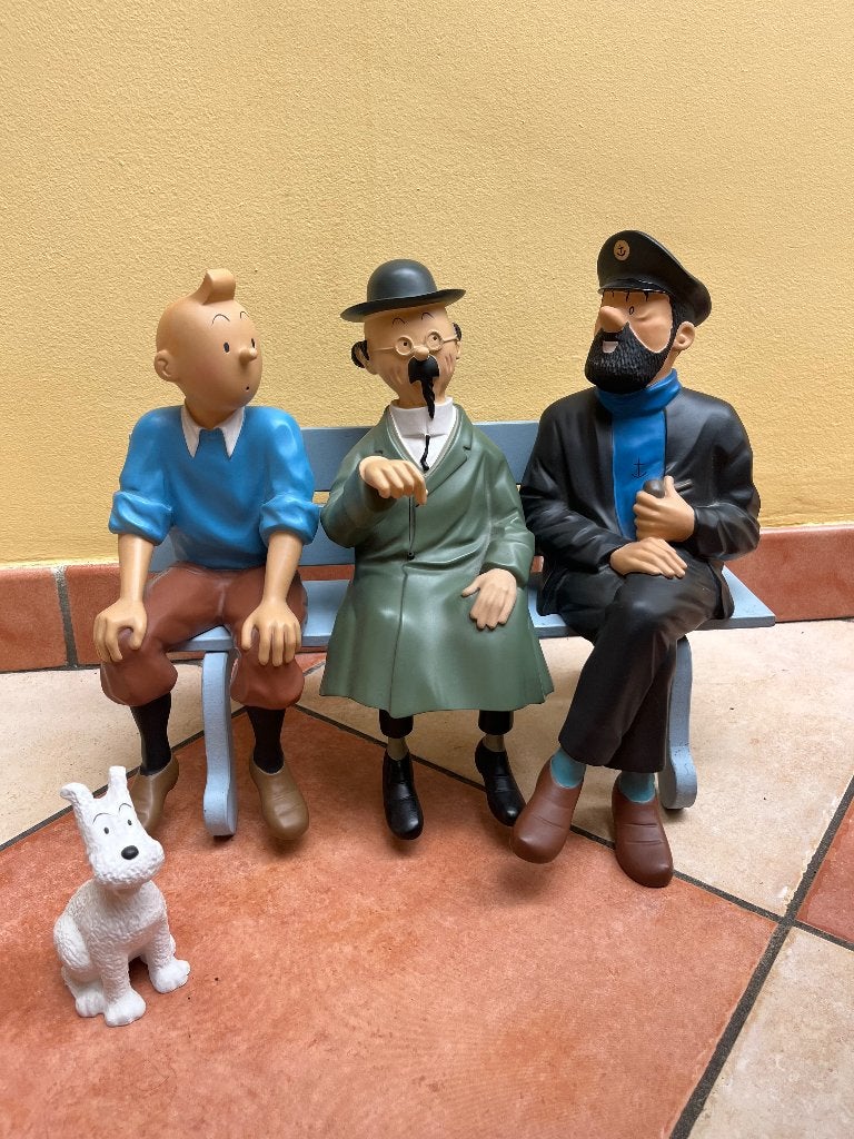 Figurines « Le banc » Tintin, Tournesol, Haddock, Milou, Collections, Statues & Figurines, Comme neuf, Autres types, Enlèvement