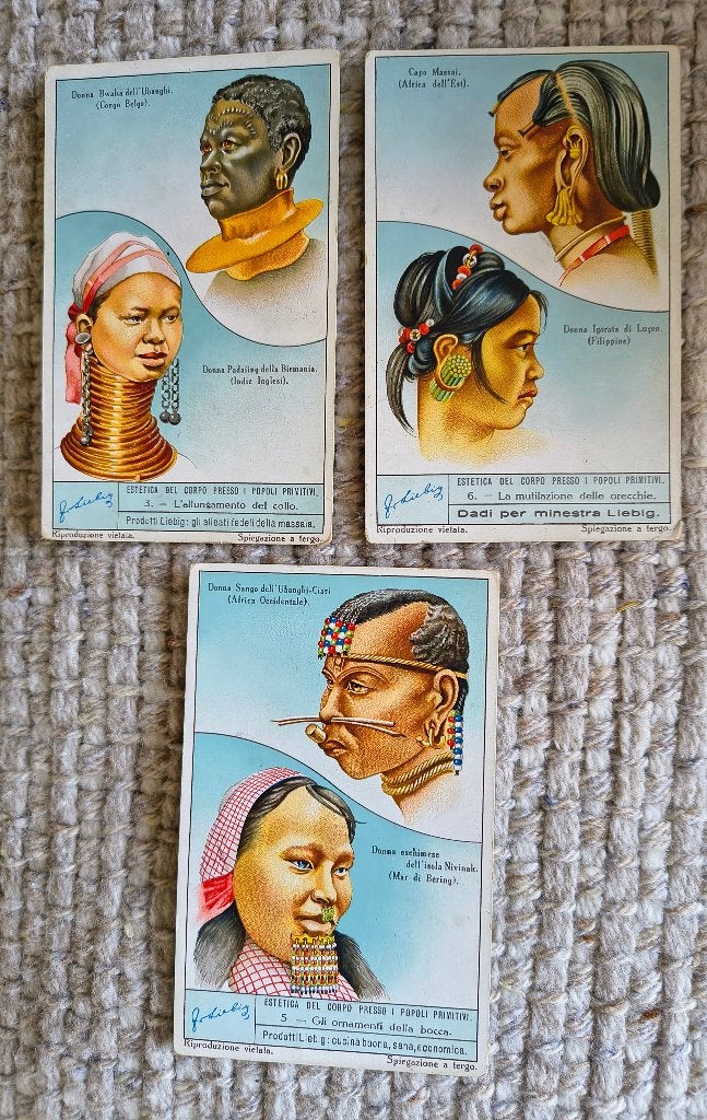 Liebig 3x prentjes 1934 – Lichaamsversiering / Etnografie, Gebruikt, Foto, Ophalen of Verzenden, Voor 1940