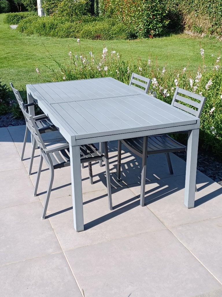 Table extensible alu 2m à 3m  + 4 chaises (ou table seule), Ophalen, Gebruikt, Rechthoekig, Aluminium