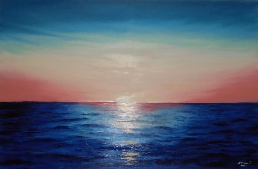 Peinture à l'huile sur mer et coucher de soleil 75x115 cm, Antiquités & Art, Art | Peinture | Classique, Enlèvement ou Envoi