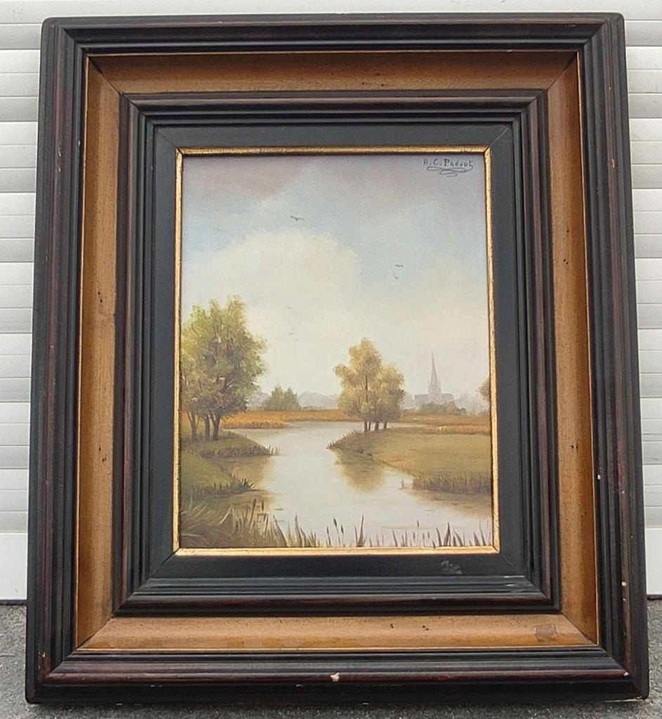 huile sur panneau village signe carl prevot, Antiek en Kunst, Ophalen of Verzenden