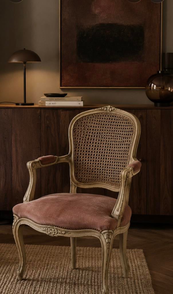 Franse cannage fauteuil Louis XV stijl – roze velours, Antiek en Kunst, Ophalen