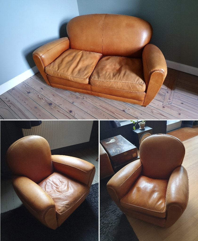 Ensemble de salon Club (1 canapé + 2 fauteuils), Ophalen, Gebruikt, Leer, Vintage