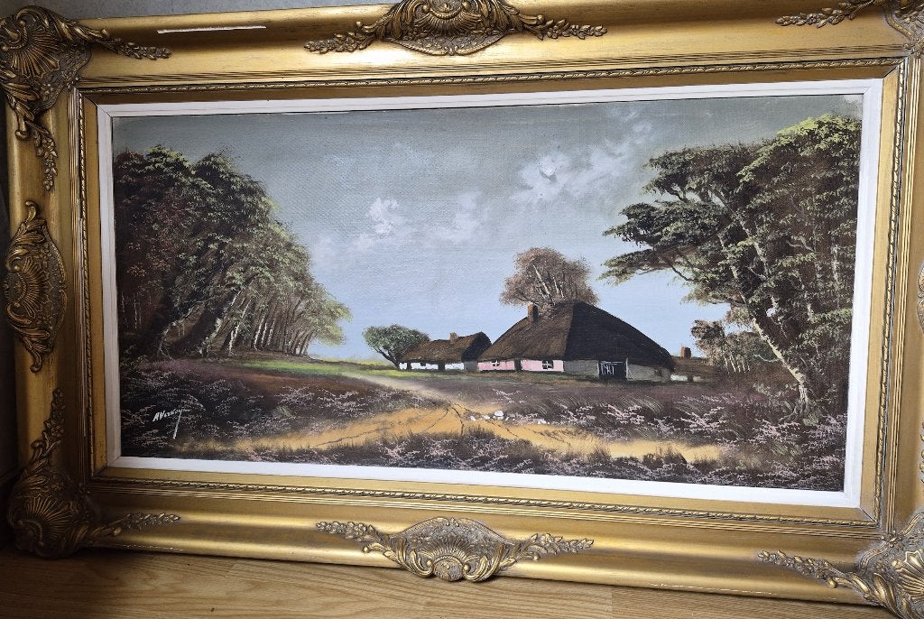 Landschapsschilderij boerderij in goudkleurige sierlijst, Antiek en Kunst, Ophalen