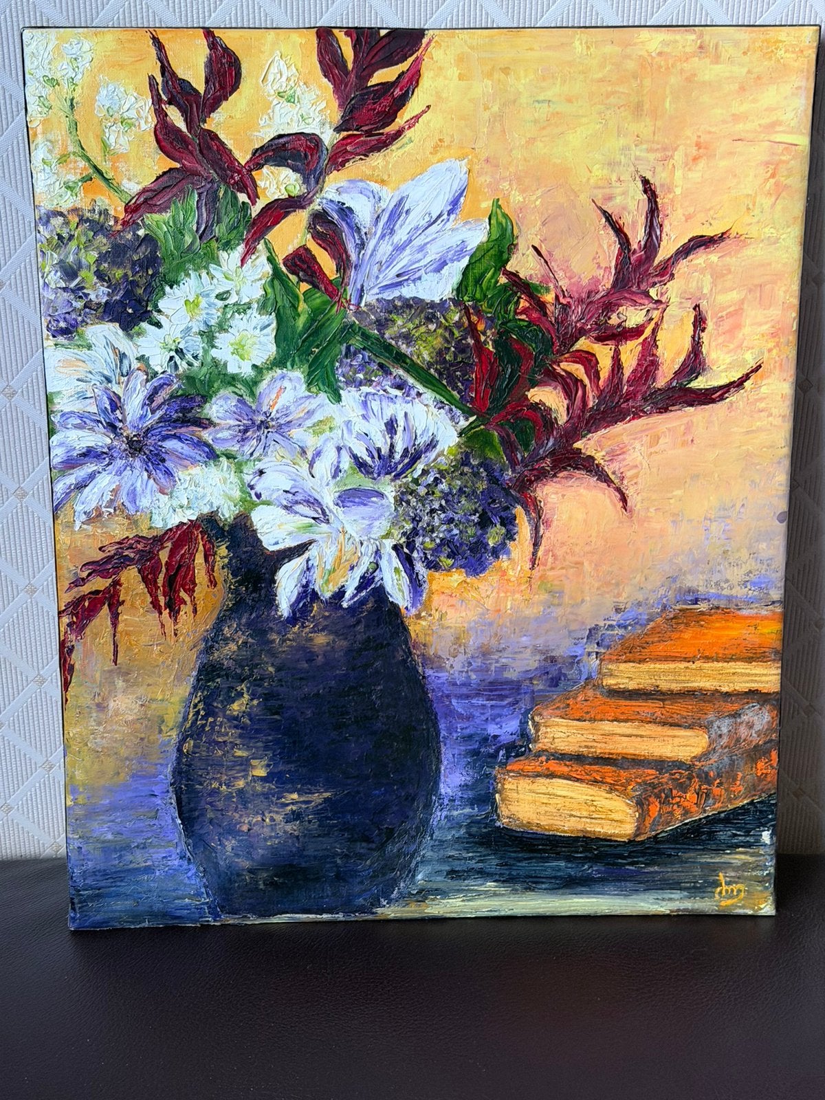 Millot, huile sur toile. Lecture fleurie, Antiquités & Art, Enlèvement ou Envoi, Toile