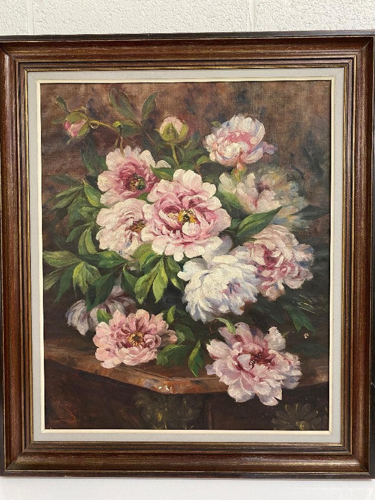 Tableau "Pivoines", Peinture à l'huile, Enlèvement, Signé, Fleurs