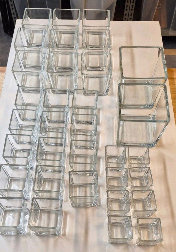 Verzameling glazen kubusvazen + theelichten + opbergbox, Huis en Inrichting, Ophalen, Met deksel, Groen, Glas
