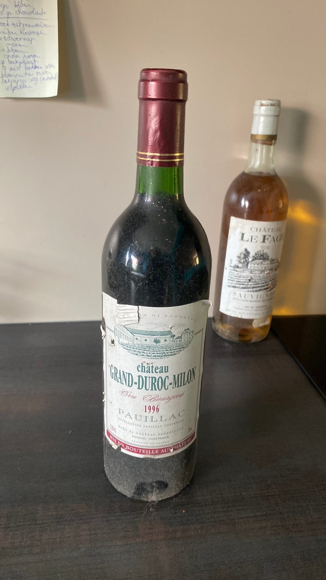 Wijn chateau grand-duroc-milon 1996, Verzamelen, Wijnen, Ophalen of Verzenden, Zo goed als nieuw