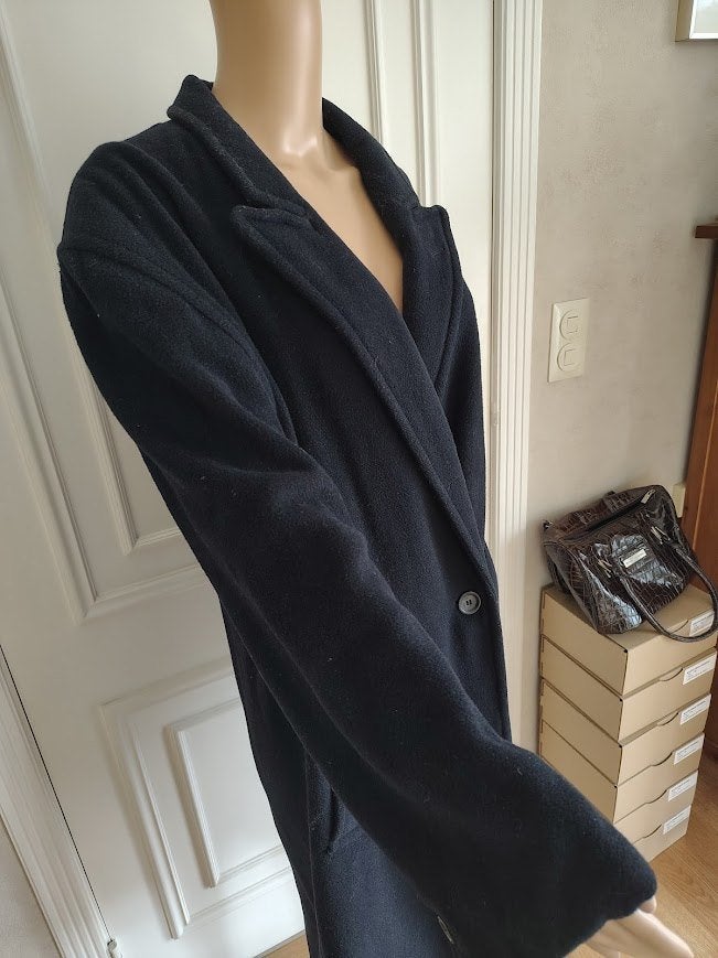 lange vintage wollen wintermantel, Vintage ., Verzenden, Maat 42/44 (L), Blauw