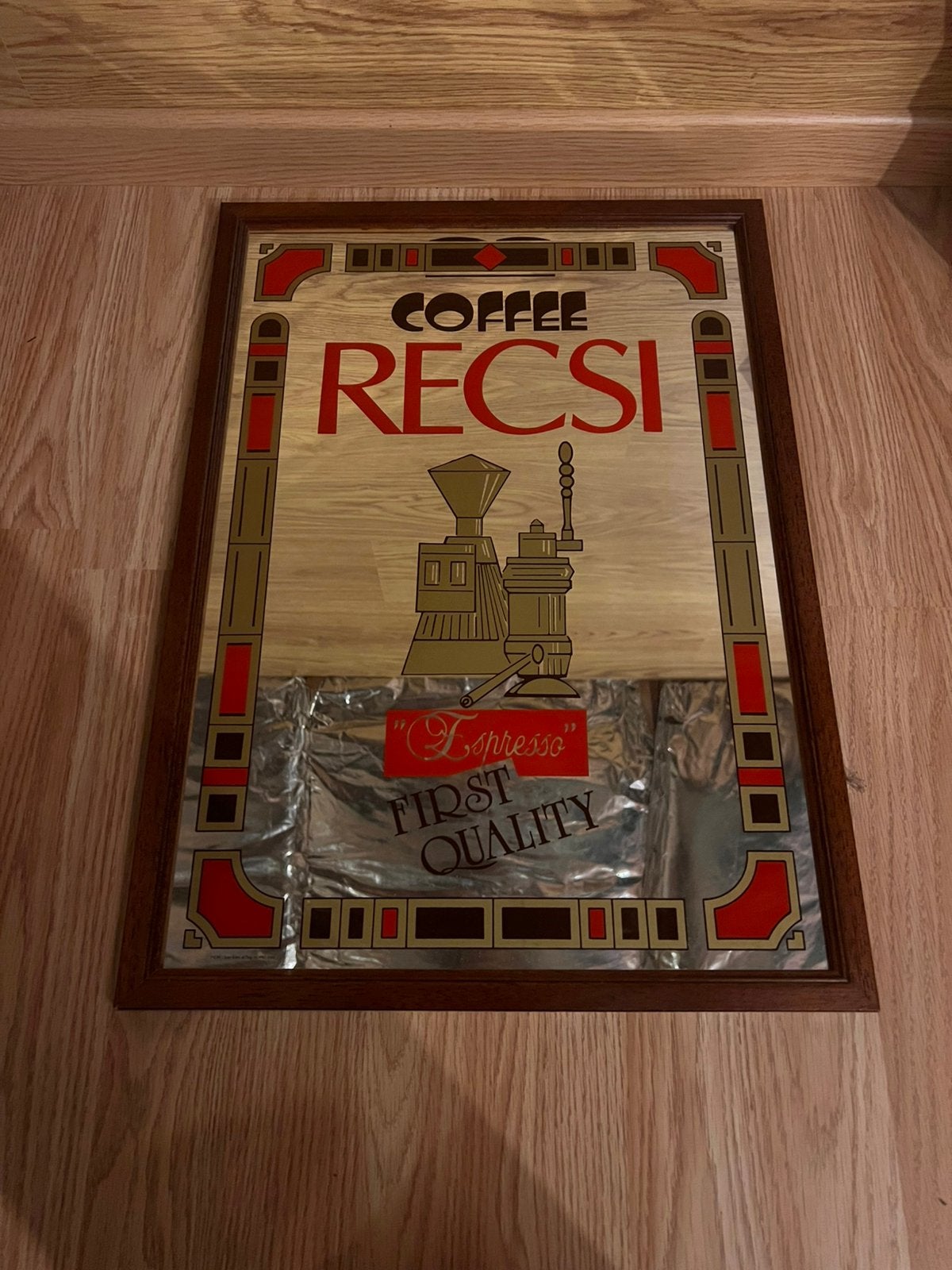 Coffee  recsi Vintage espresso spiegel in houten kader, Ophalen of Verzenden, Zo goed als nieuw