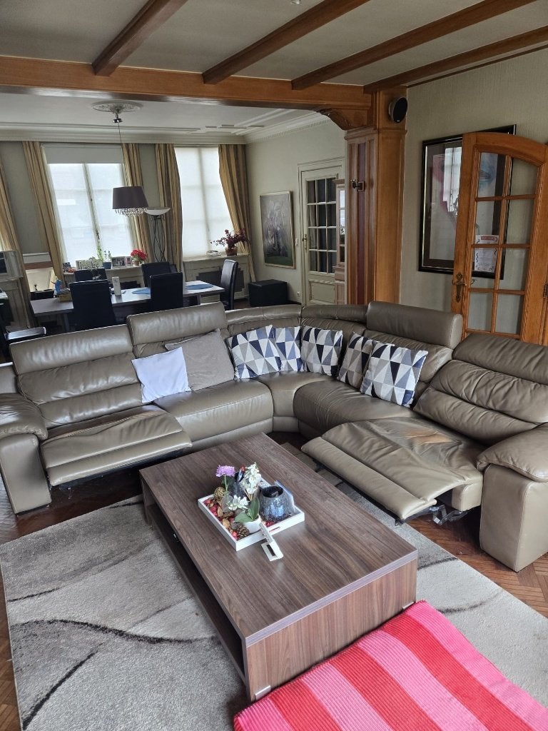 Beige lederen Zetel te koop met twee longchairs, Ophalen, Gebruikt, 100 tot 125 cm, 300 cm of meer