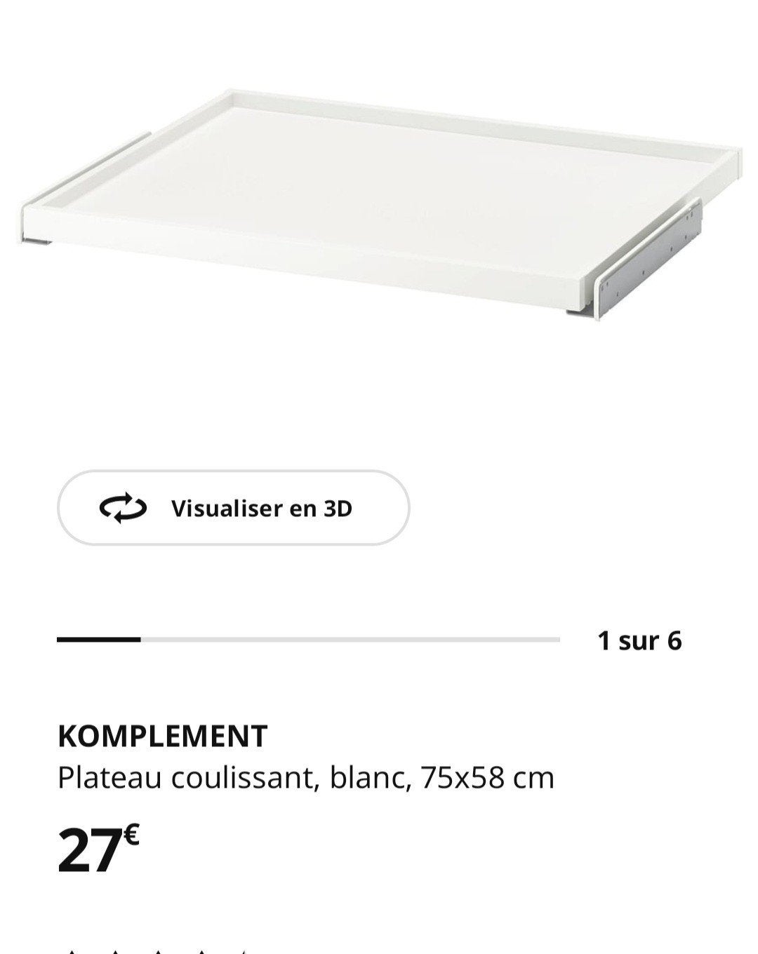 Komplement ikea plateau coulissant blanc 75cm, Electroménager, Pièces & Accessoires, Enlèvement, Utilisé