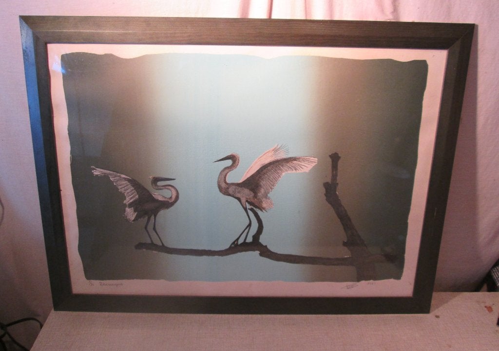 Belle lithographie « 2 aigrettes » - Hilda Gevers, Enlèvement ou Envoi, Animaux et nature, Lithographie, Numéroté