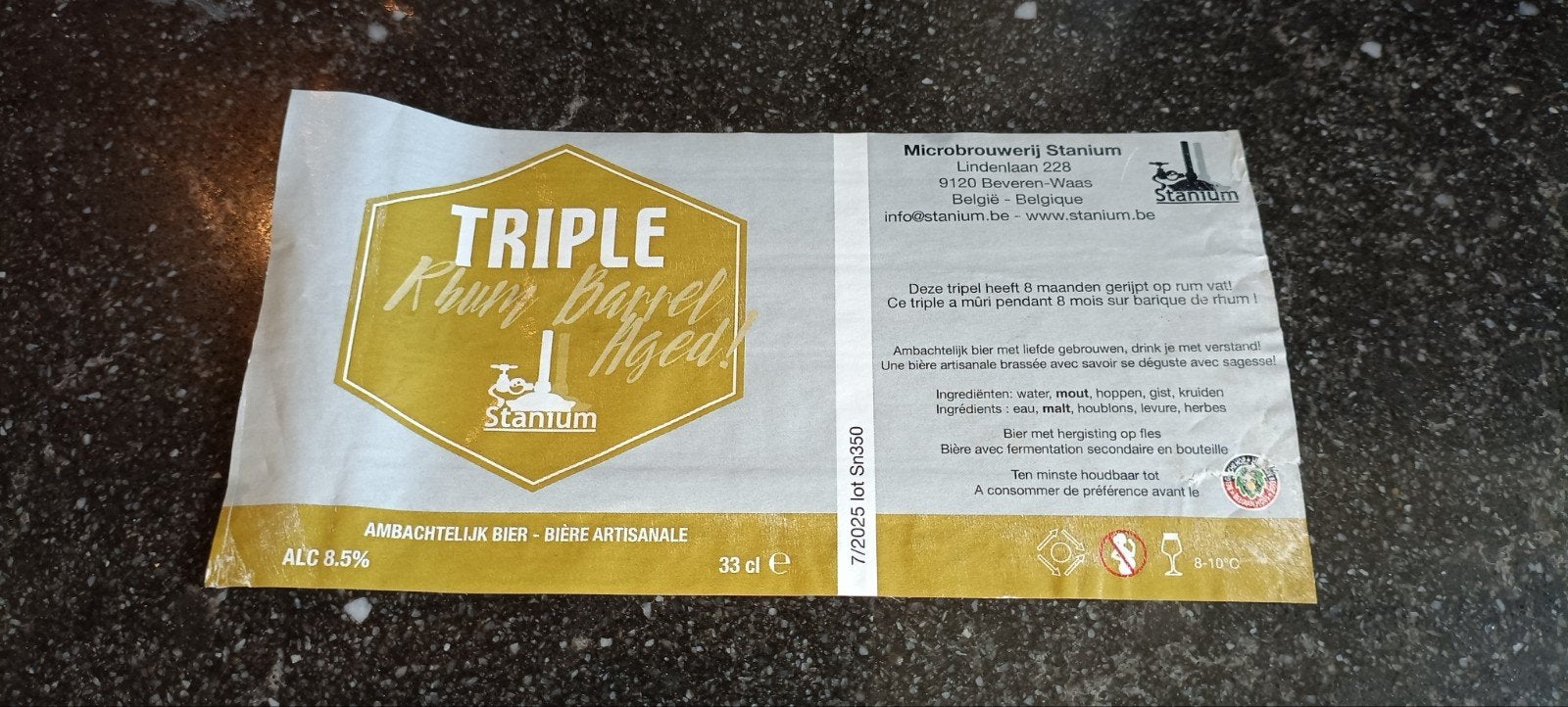bieretiket triple rhum aged br Stanium Beveren waas, Verzamelen, Ophalen of Verzenden