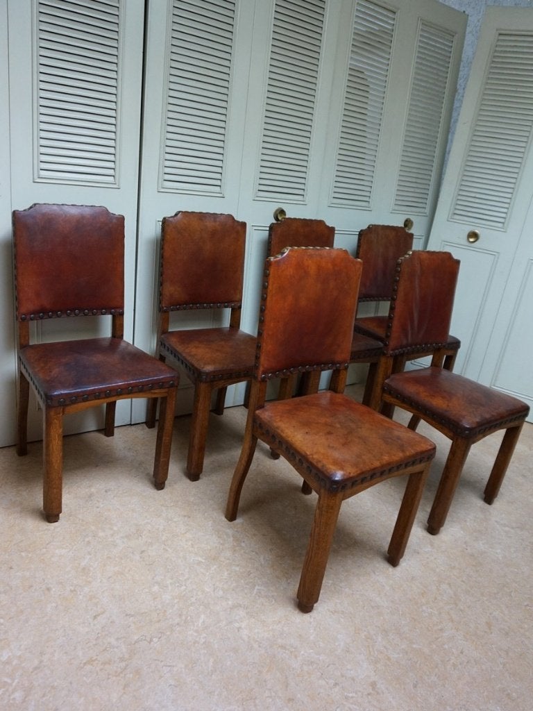 Set van 6 antieke leren stoelen, eetkamerstoelen, Ophalen