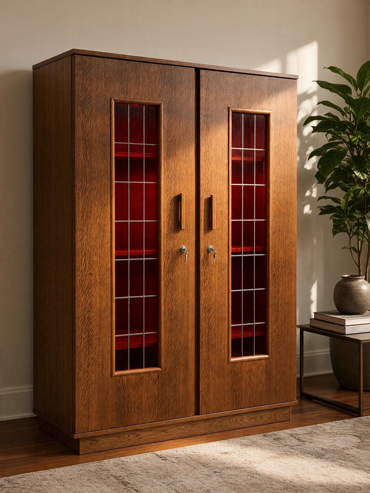 Vintage houten Boekenkast / Vitrinekast met bordeaux glas, Ophalen of Verzenden, Gebruikt, Kast