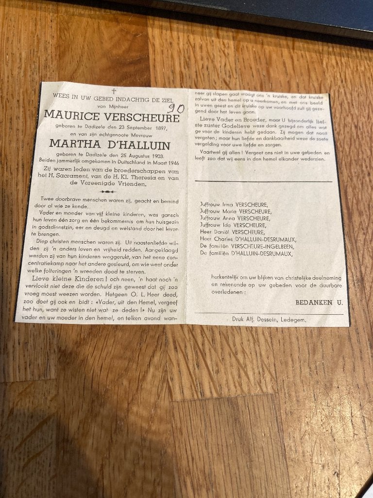 Oorlogsslachtoffer, wo2, dadizele, 1946, verschuere, Verzamelen, Bidprentjes en Rouwkaarten, Verzenden, Bidprentje