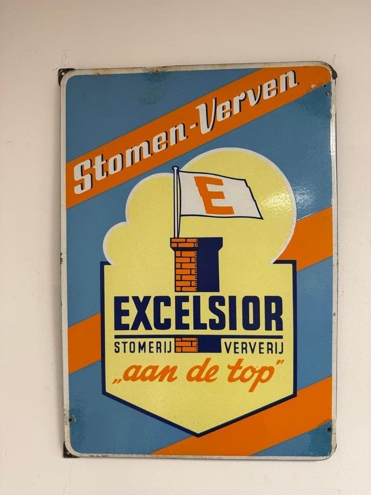 Vintage Emaille Reclamebord Excelsior Stomen-Verven, Antiek en Kunst