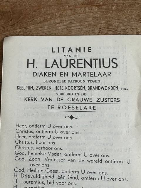 litanie H. Laurentius diaken martelaar Roeselare, Verzamelen, Bidprentjes en Rouwkaarten, Ophalen of Verzenden