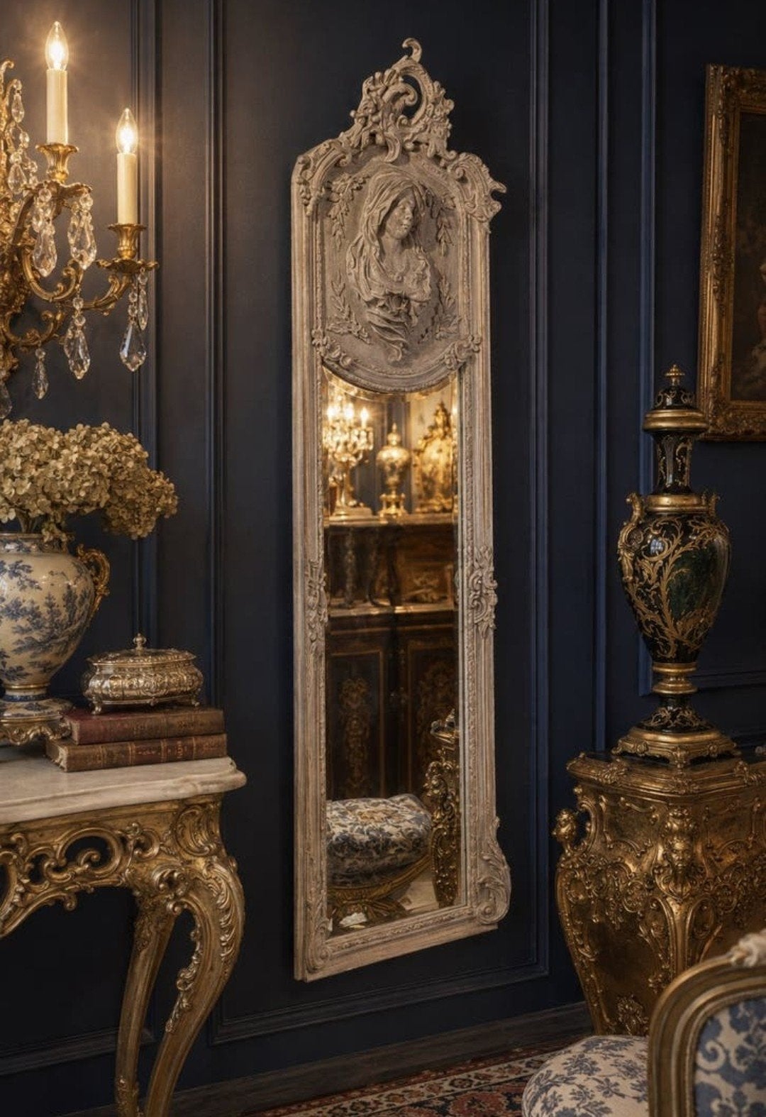 Prachtige betonlook passpiegel met Madonna amulet

175x55 cm, Antiquités & Art, Antiquités | Miroirs, Enlèvement