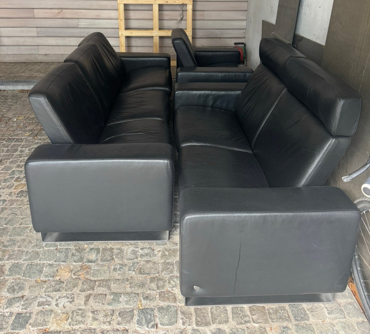 Complete set van drie zwarte, lederen zetels (stressless), Huis en Inrichting, Ophalen, Gebruikt, Leer