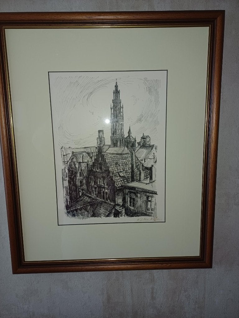 Mooie pentekening van Antwerpen, Antiek en Kunst, Kunst | Tekeningen en Fotografie, Ophalen