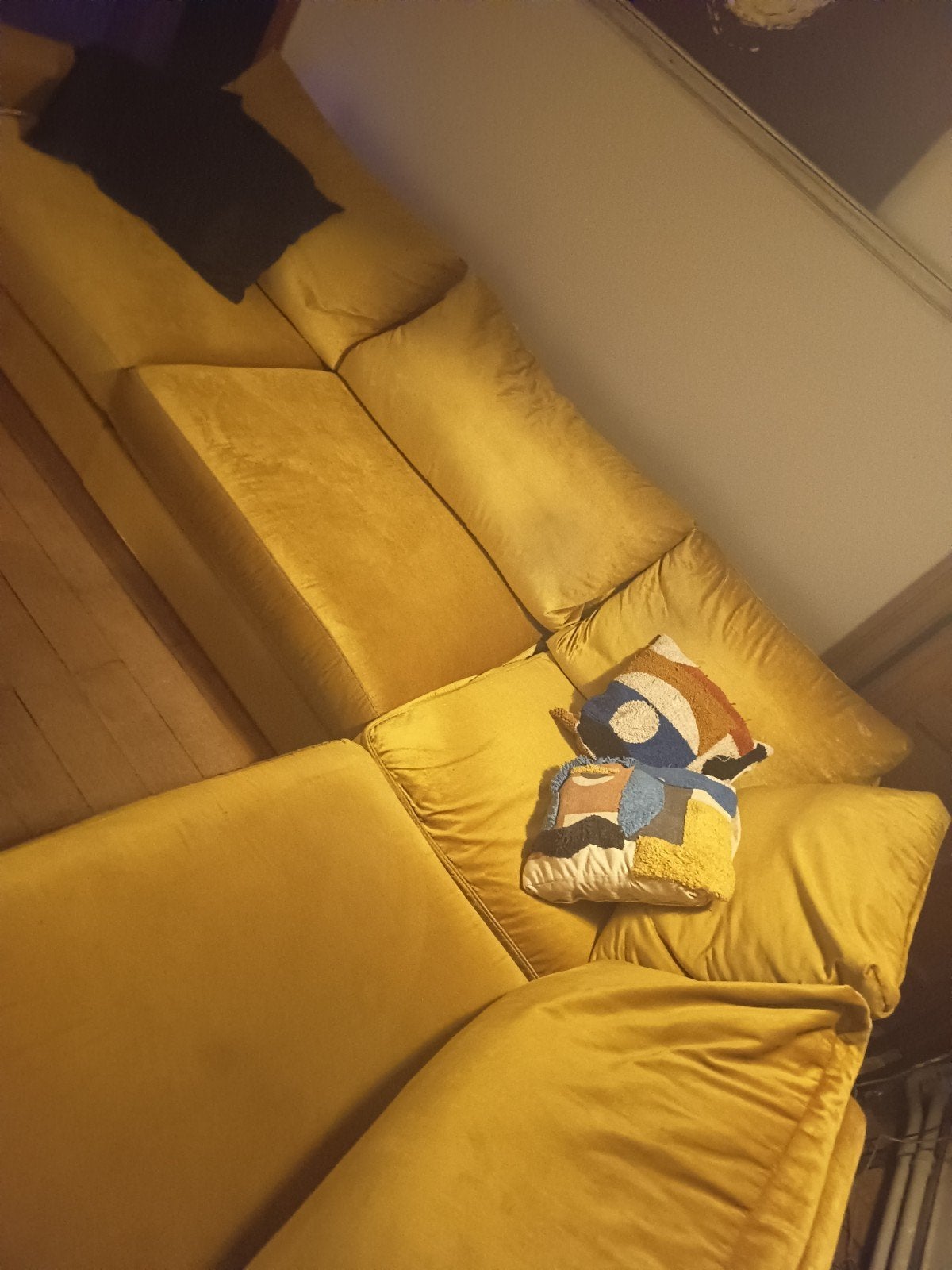 Grote, comfortabele okergele fluwelen hoeksalon modulair, Enlèvement, Utilisé, Tissus, Hedendaags