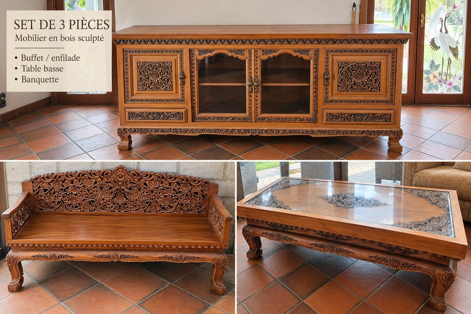 Ensemble 3 pièces en bois massif sculpté – buffet, table bas, Enlèvement ou Envoi, Verre