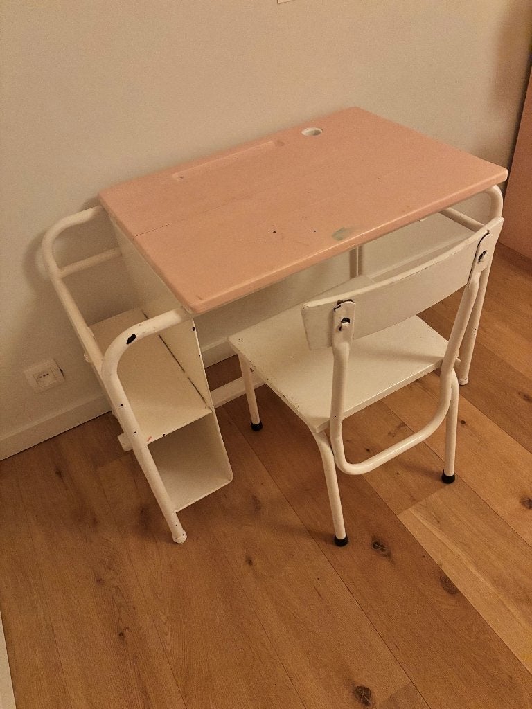 bureau écolier vintage avec sa chaise, Blanc, Enlèvement, Utilisé