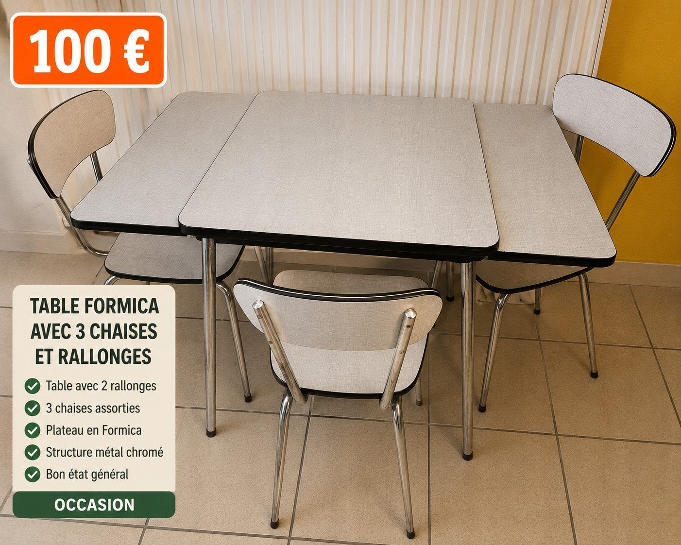 Table Formica Vintage avec 3 chaises, Enlèvement