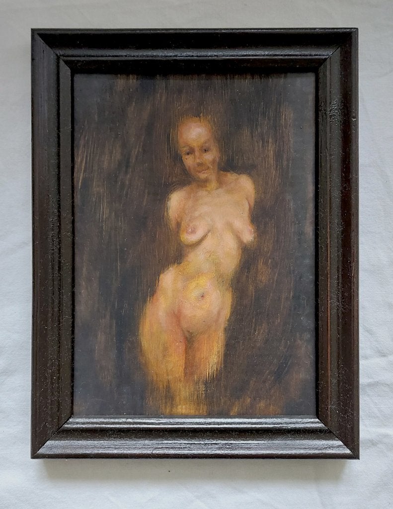 Schilderijtje van Staand Vrouwelijk Naakt - Olieverf, Portret of Personen, Ophalen of Verzenden, Gesigneerd, Olieverf