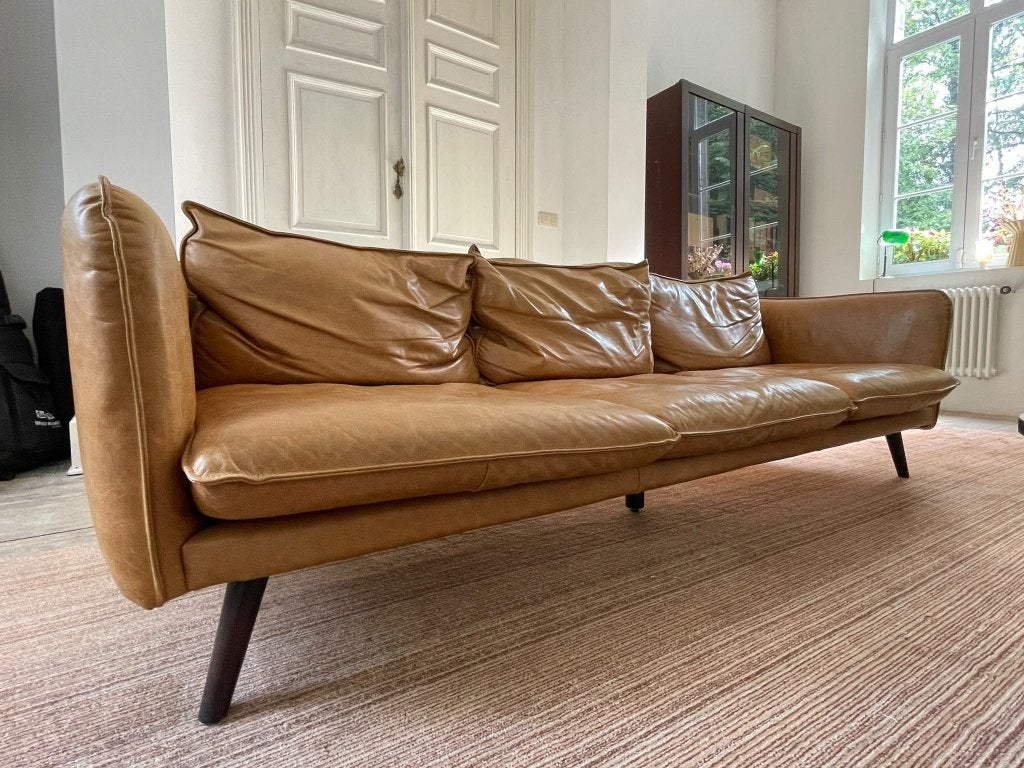 4-zit zetel Morgan in leder (Maisons Du Monde), Huis en Inrichting, Ophalen, Gebruikt, 200 tot 250 cm, Vierpersoons of meer