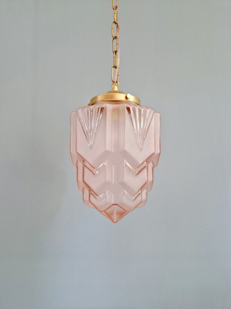 Skyscraper Art Deco hanglamp in roze matglas, 1920-30, Antiek en Kunst, Antiek | Verlichting, Ophalen of Verzenden