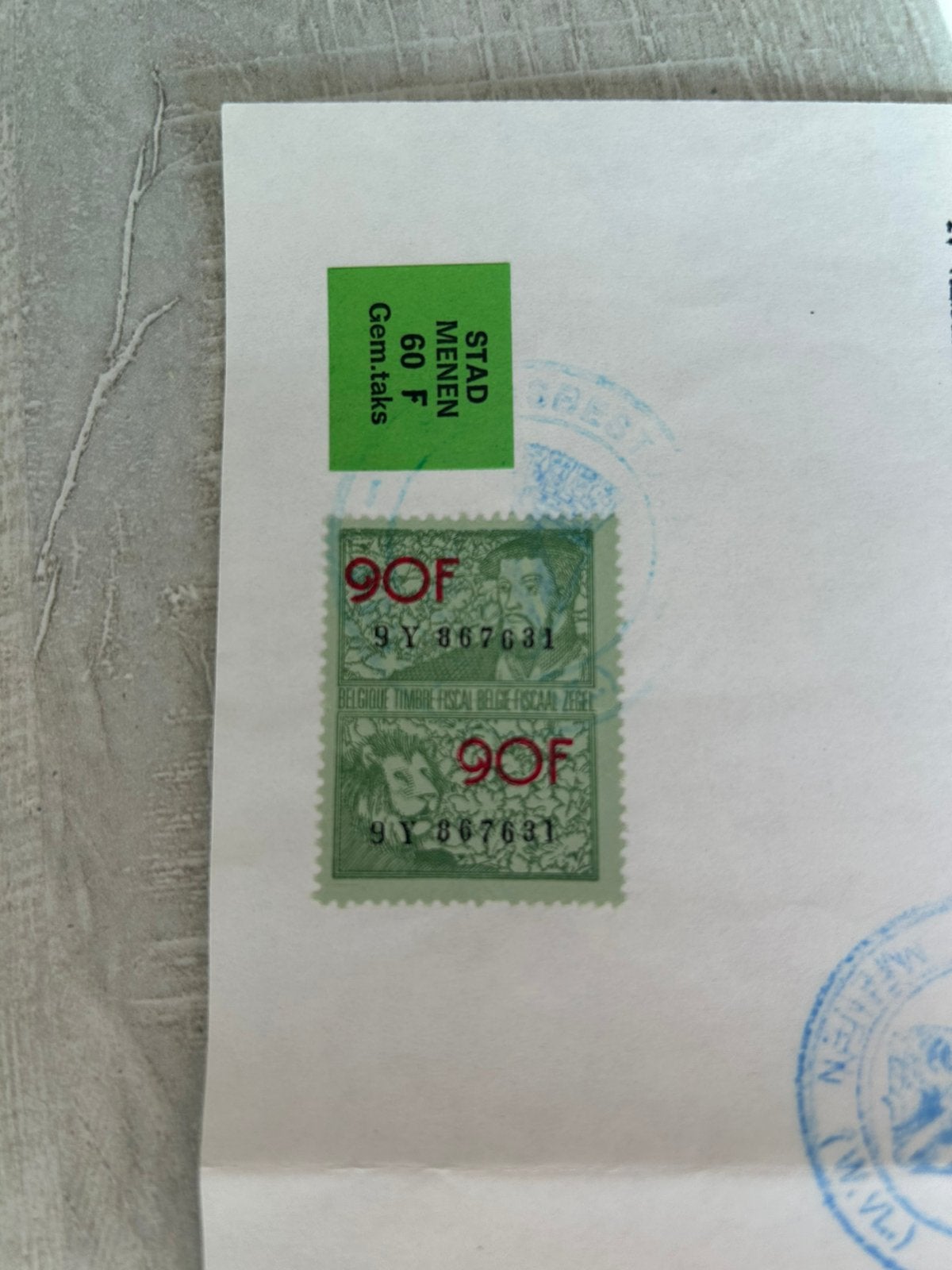 Origineel document Menen 1992- fiscale zegels 2 x 90 F, Met stempel, Frankeerzegel, Ophalen of Verzenden, Gestempeld
