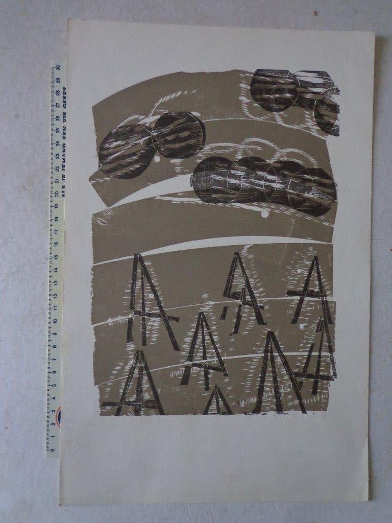 houtsnede in kleur van HAP Grieshaber "Fields III" uit 1969, Antiek en Kunst, Ophalen of Verzenden, Houtsnede, Origineel