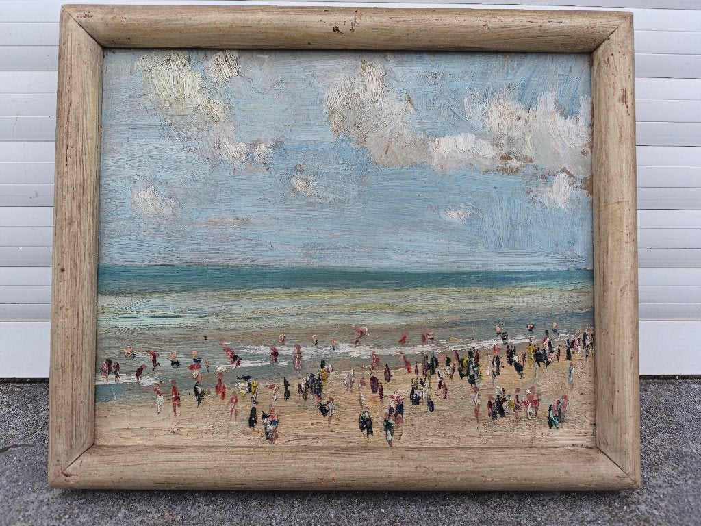 Huile sur panneau personnage a la plage de Albert rigaux, Enlèvement, Toile