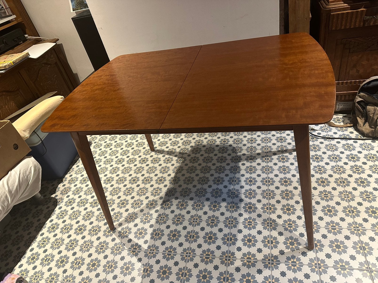 Vintage Deense teakhouten uitschuiftafel, Ophalen, Gebruikt, Teakhout, 50 tot 100 cm