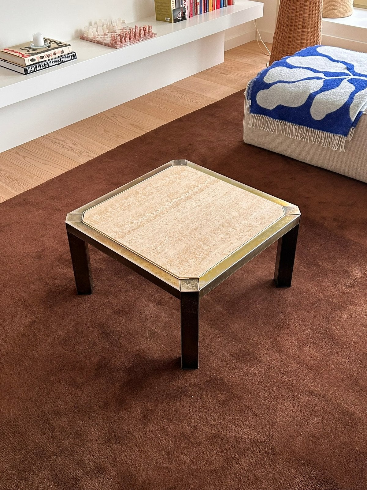 Table basse vintage en travertin « Fedam », années 1970, 50 à 100 cm, Carré, Enlèvement, Utilisé