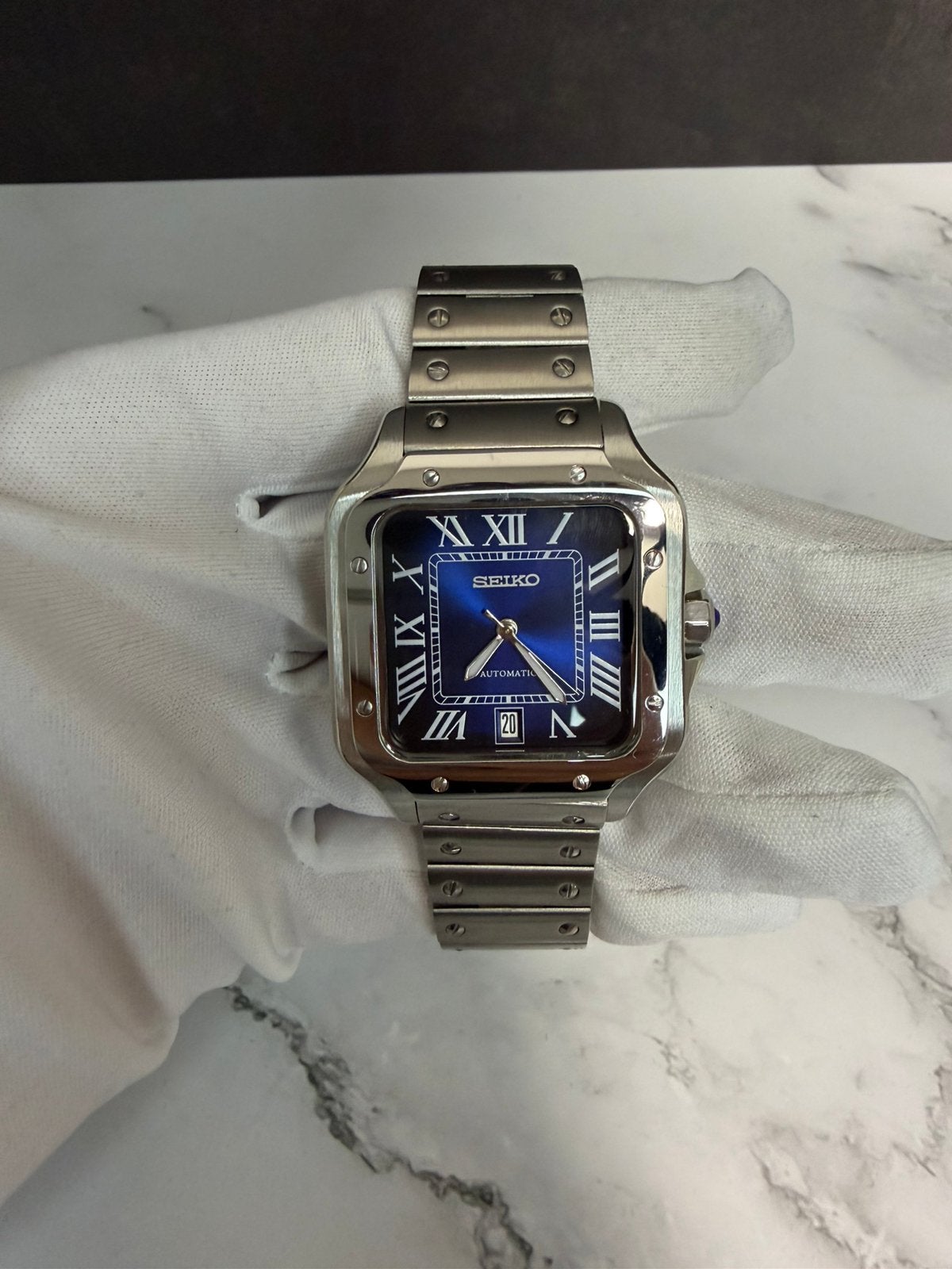 Seiko Mod Automatic - Cadran romain bleu carré, Seiko, Enlèvement ou Envoi, Acier, Acier