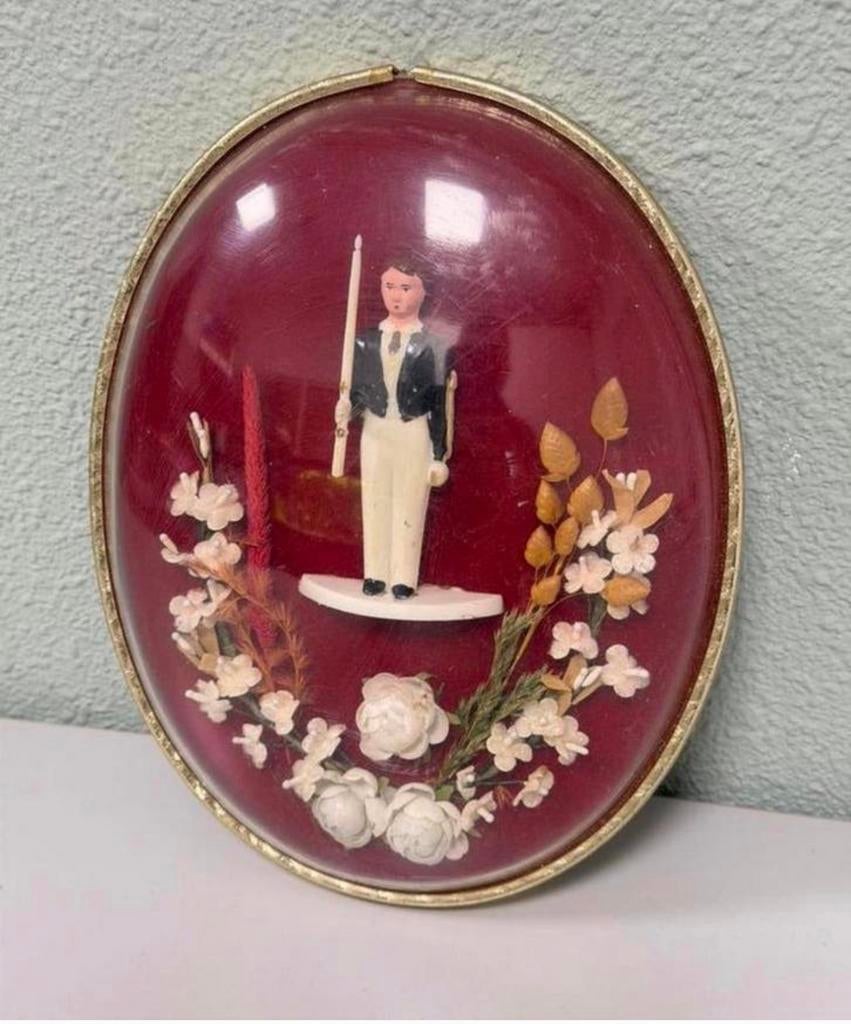 Antieke ronde stolp ovaal handgemaakt poppetje bloemen 1900, Ophalen of Verzenden