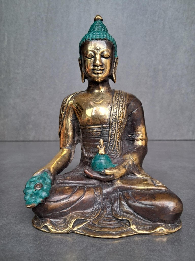 Medicijnboeddhabeeld in brons/bruingroen/Varada Mudra, O, 15 cm, Nieuw, Ophalen of Verzenden